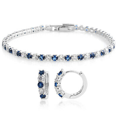 Fashion Created Sapphire Huggie Earrings Tennis Bracelet Set Gift Size 7''