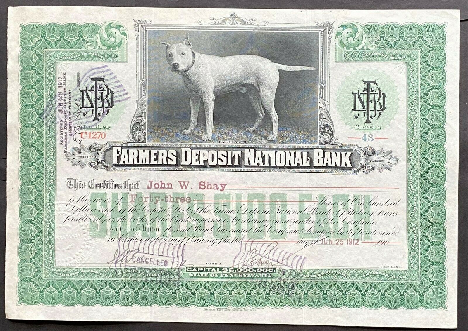 Farmers Deposit National Bank Stock 1912 Pittsburgh, Pa. Famous Dog "prince" Vig