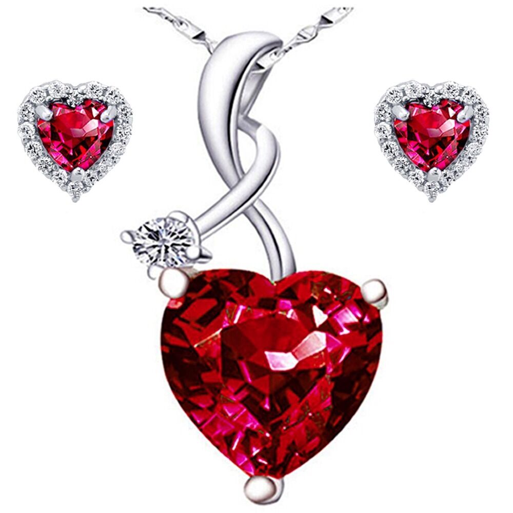 Sterling Silver Heart Cut Aaa Created Red Ruby Pendant Necklace & Earrings Set