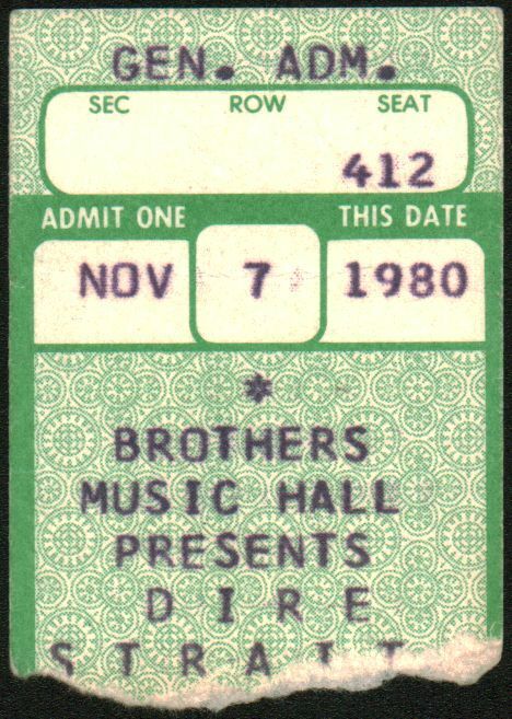 Dire Straits-mark Knopfler-1980 Concert Ticket Stub-homewood Brothers Music Hall