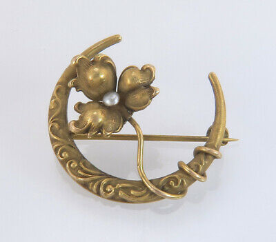 Antique Estate 10k Yellow Gold Seed Pearl Flower & Crescent Brooch Pin 2.2g
