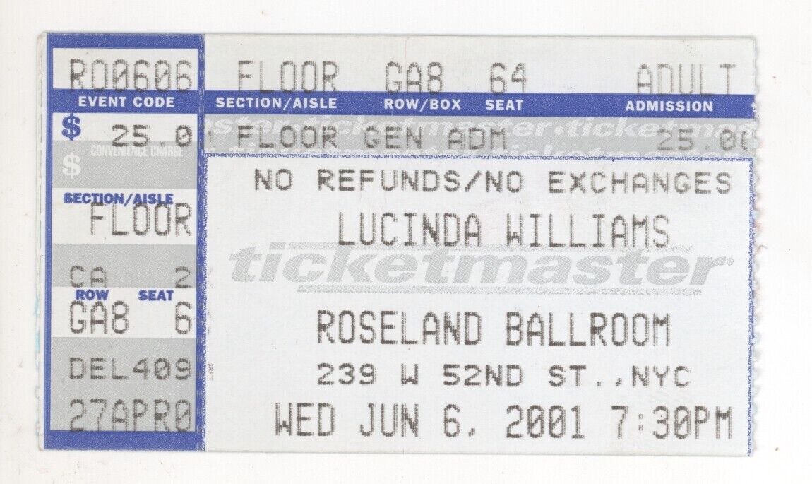 Lucinda Williams 6/6/01 New York City Ny Roseland Ballroom Rare Ticket Stub Nyc